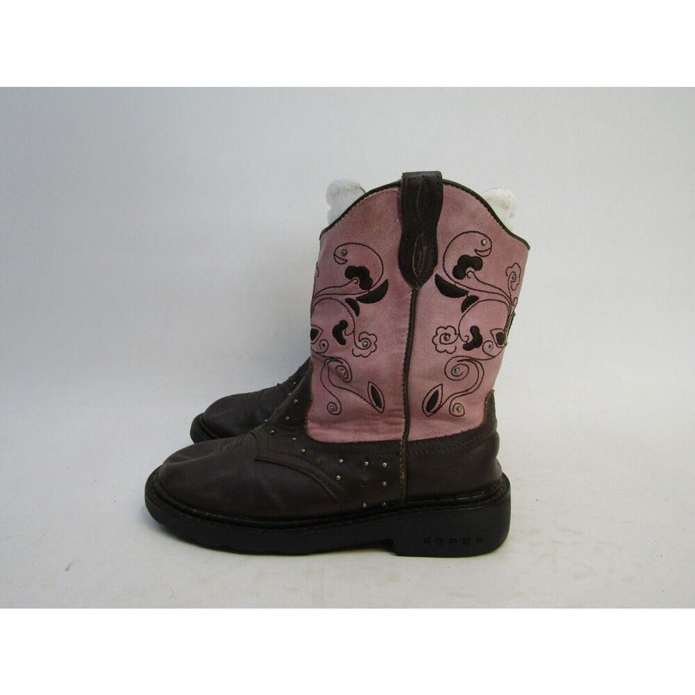 Roper Brand Youth Size 1 M Brown Pink Studded Cowboy Western Boots